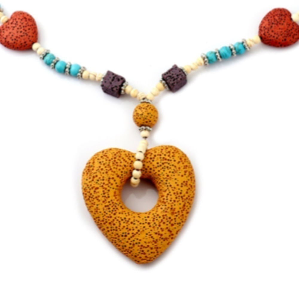 Multi Color Lava & White Blue Howlite Beaded Necklace Heart Charm 28” Silvertone - Picture 2 of 7